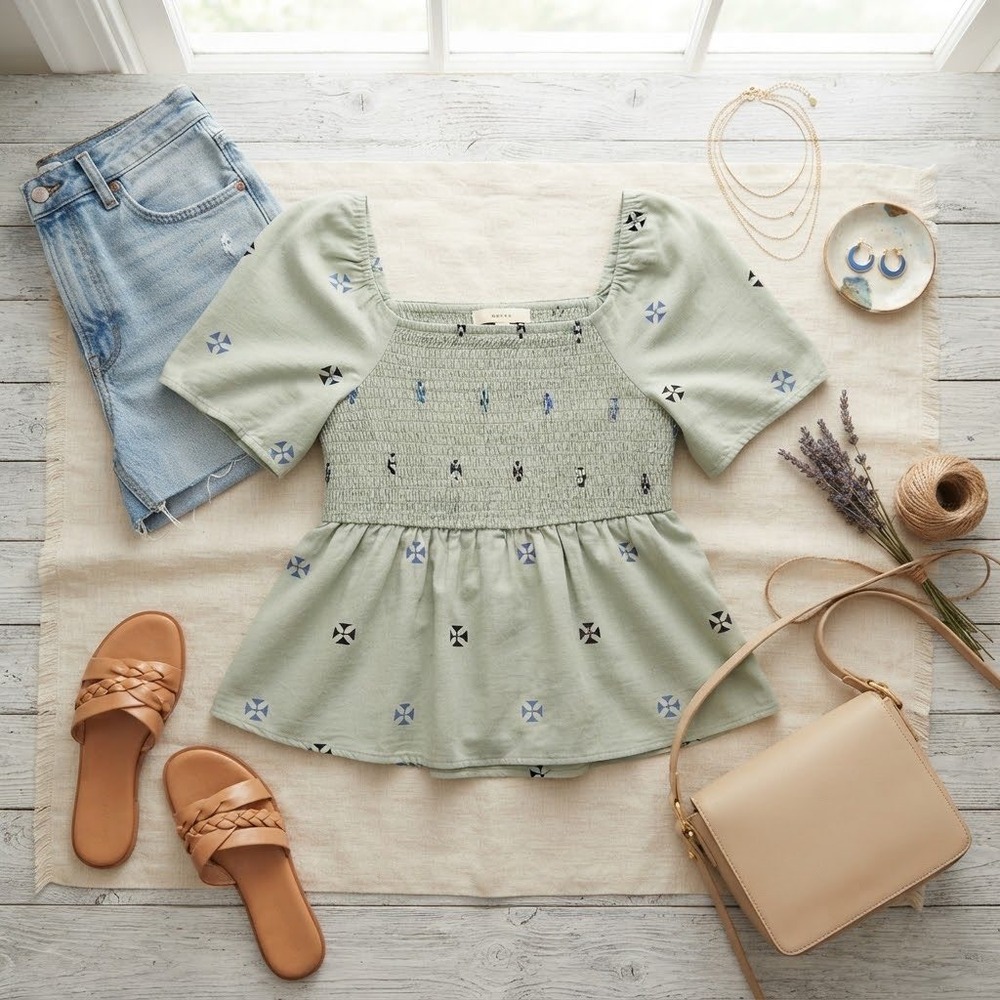 NWT Bloomchic Sage Green Smocked Peplum Short Puff Sleeve Cross Print Size 14-16